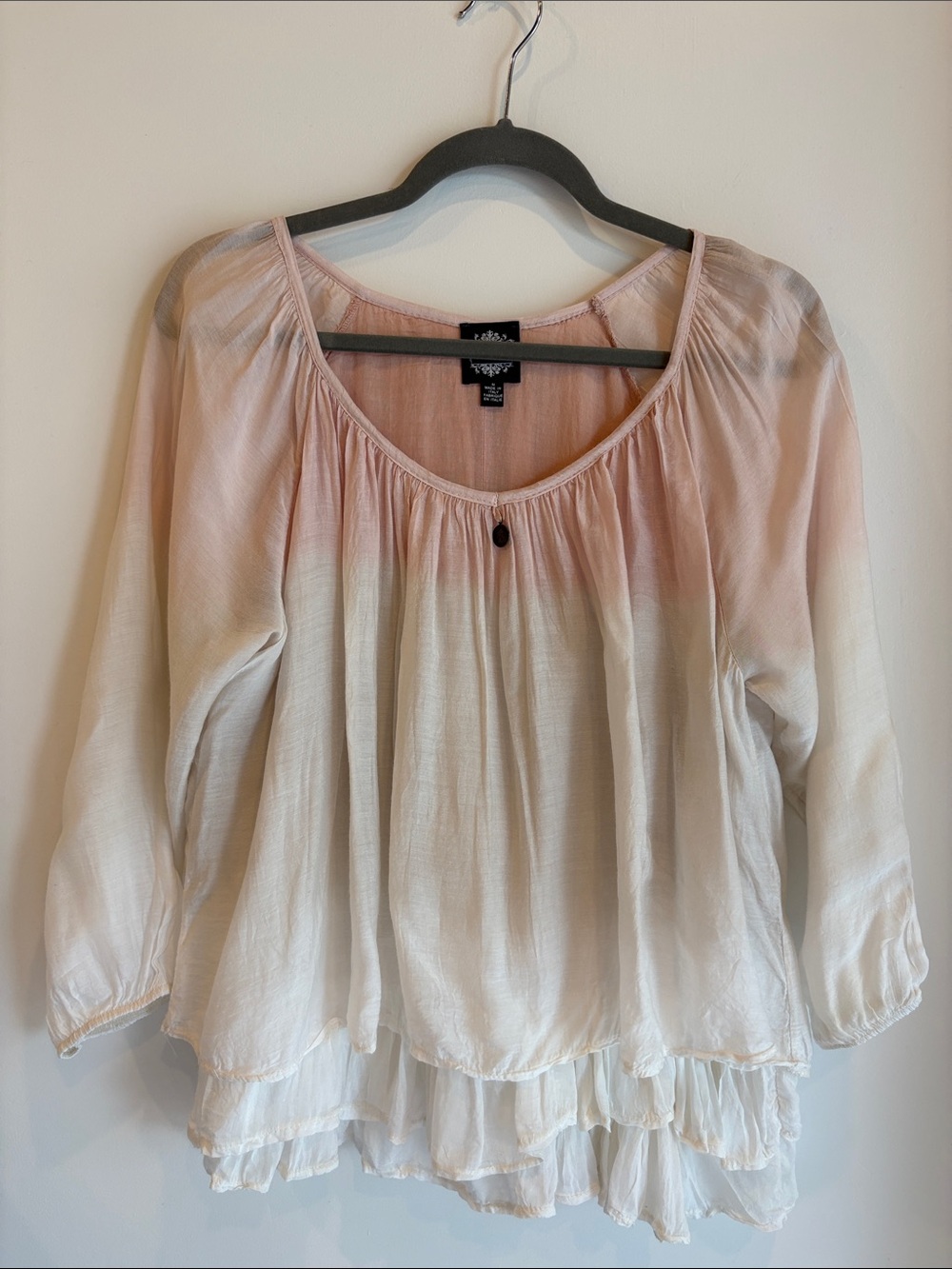 Le Marais Paris Boho Tie-Dye Peasant Blouse in Blush and Cream